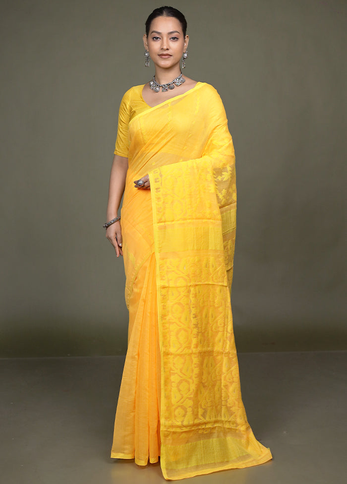 Yellow Jamdani Cotton Saree Without Blouse Piece