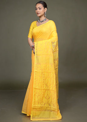 Yellow Jamdani Cotton Saree Without Blouse Piece