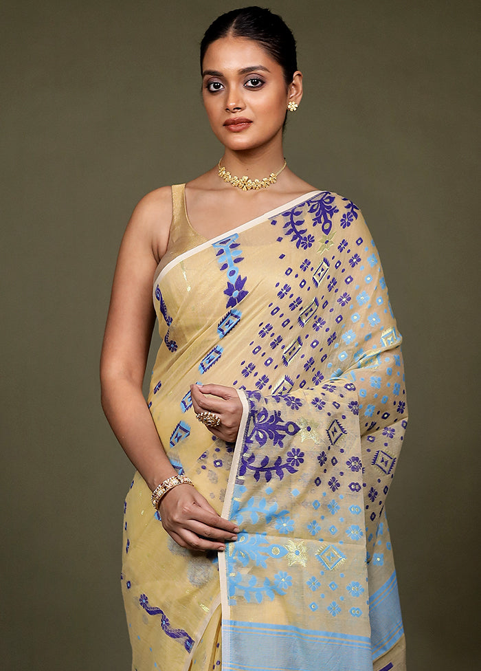 Cream Jamdani Cotton Saree Without Blouse Piece