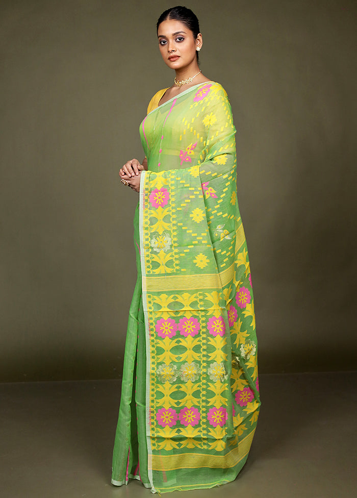 Green Tant Jamdani Saree Without Blouse Piece