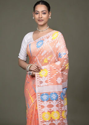 Peach Tant Jamdani Saree Without Blouse Piece