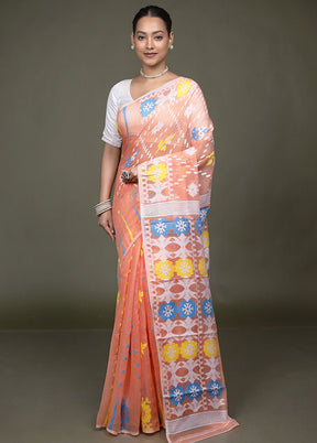Peach Tant Jamdani Saree Without Blouse Piece