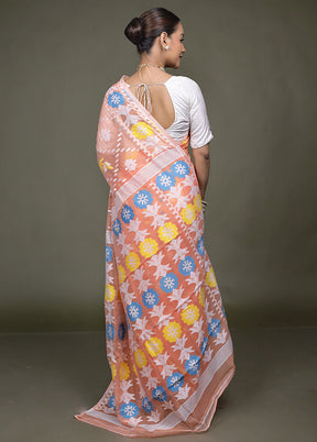 Peach Tant Jamdani Saree Without Blouse Piece