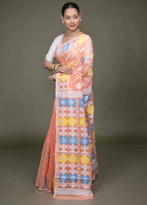 Peach Tant Jamdani Saree Without Blouse Piece