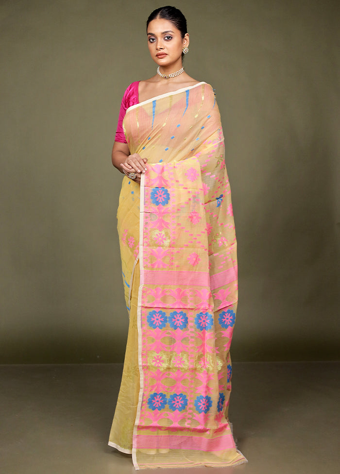 Cream Tant Jamdani Saree Without Blouse Piece
