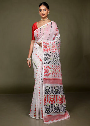 White Tant Jamdani Saree Without Blouse Piece