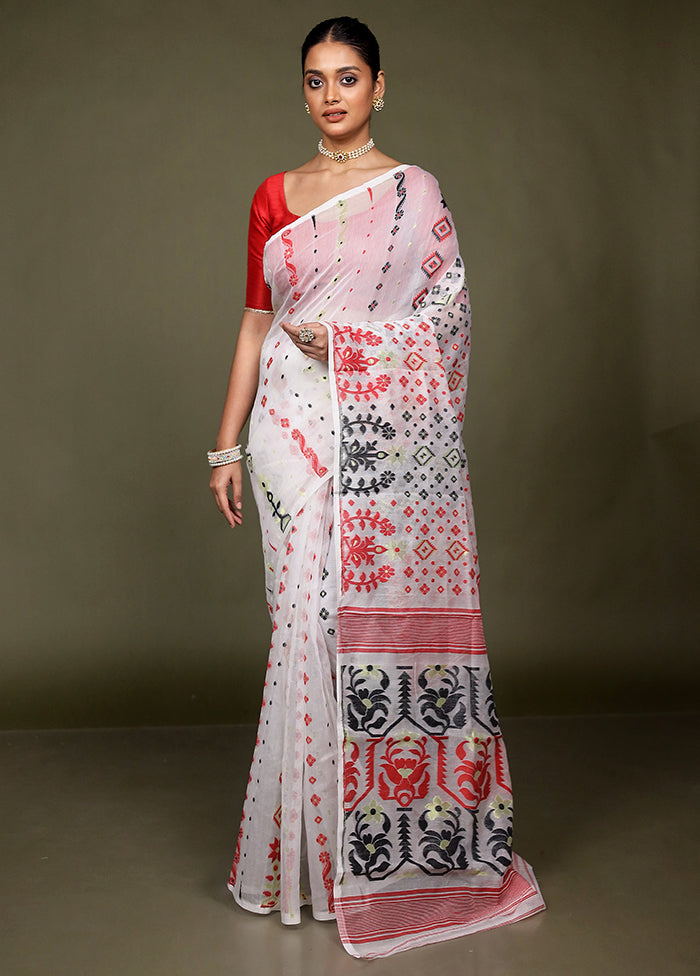 White Tant Jamdani Saree Without Blouse Piece
