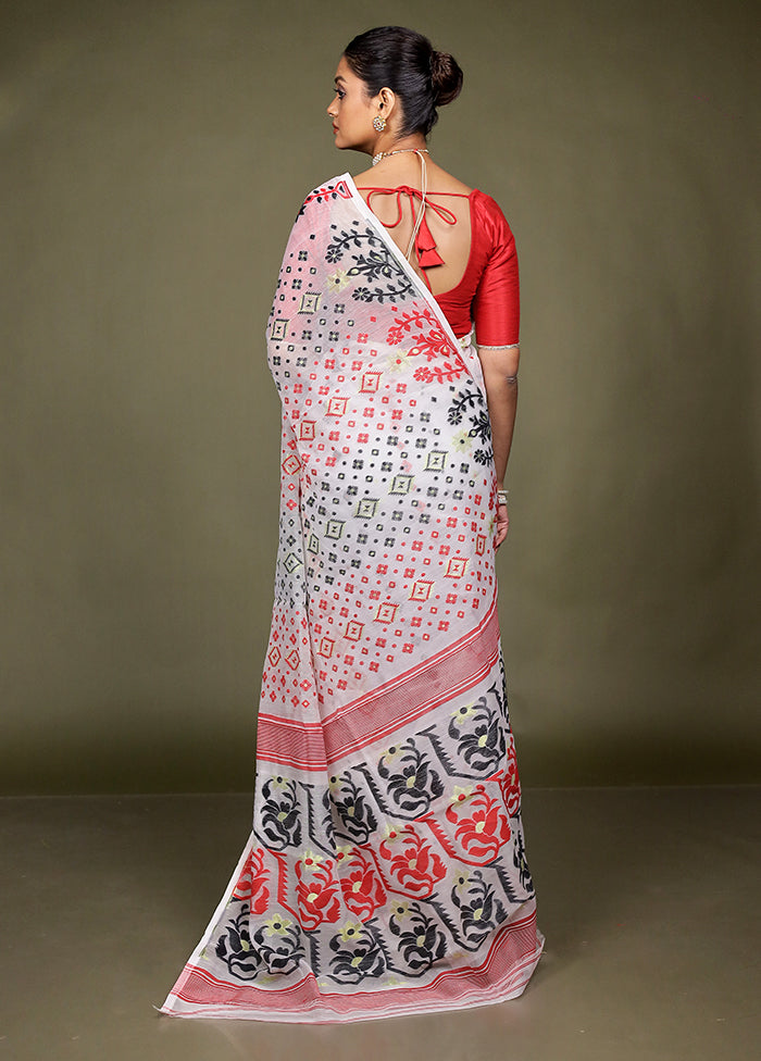 White Tant Jamdani Saree Without Blouse Piece