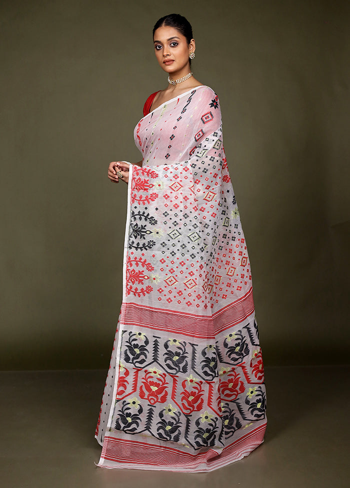 White Tant Jamdani Saree Without Blouse Piece