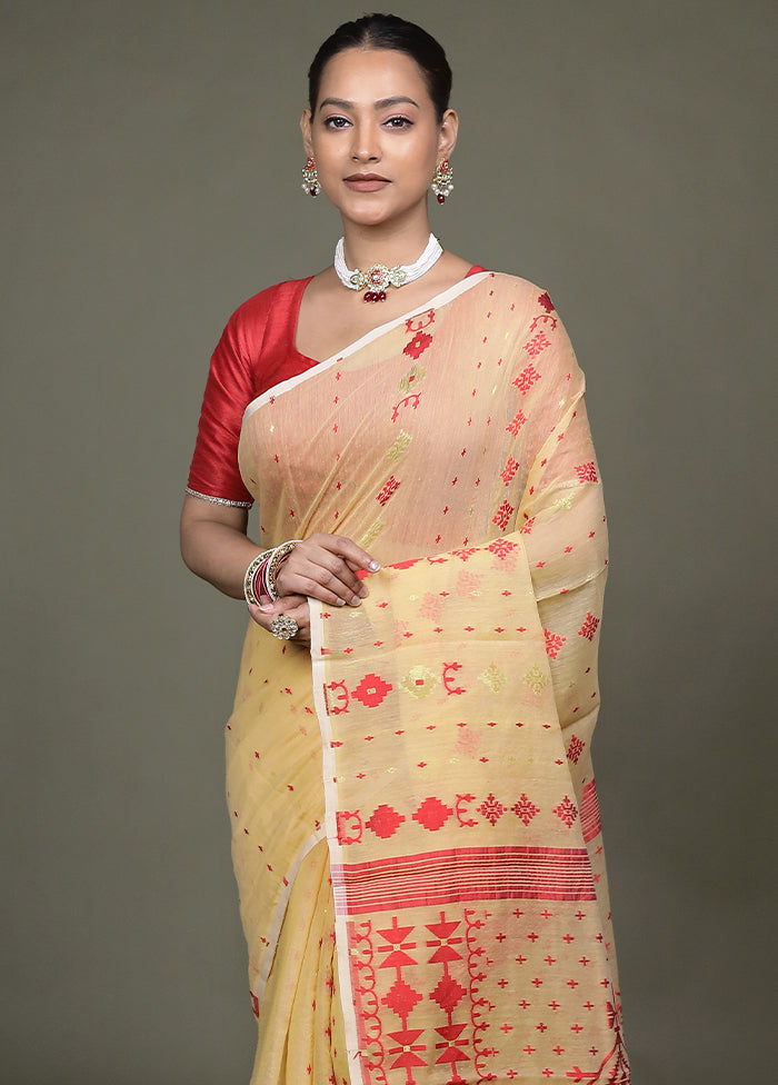 Cream Jamdani Cotton Saree Without Blouse Piece