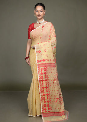 Cream Jamdani Cotton Saree Without Blouse Piece