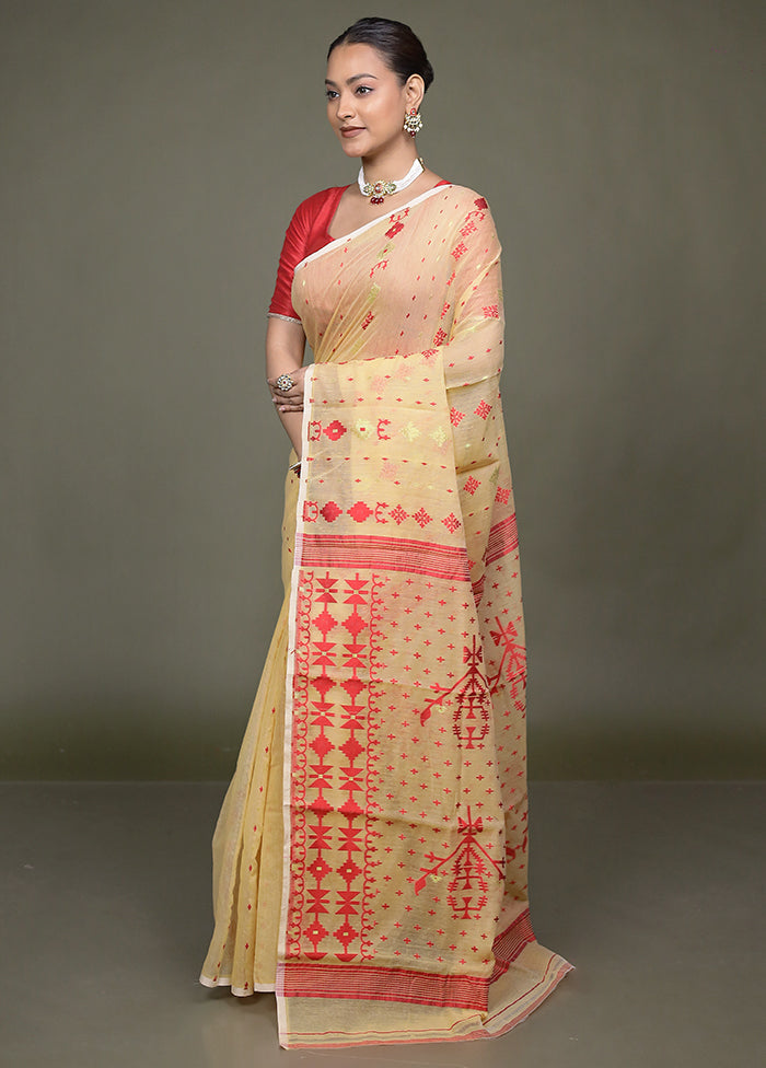 Cream Jamdani Cotton Saree Without Blouse Piece