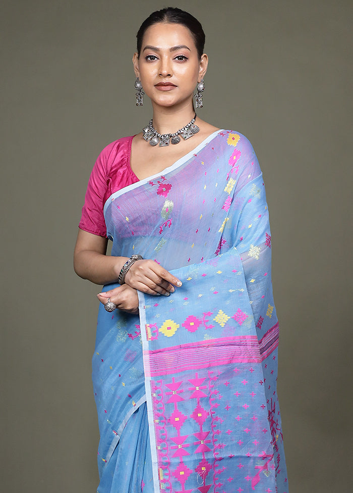Blue Jamdani Cotton Saree Without Blouse Piece