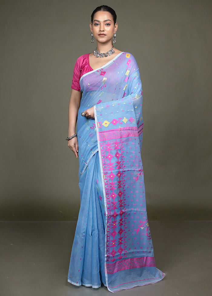 Blue Jamdani Cotton Saree Without Blouse Piece