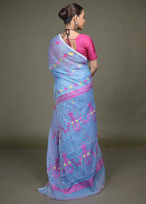 Blue Jamdani Cotton Saree Without Blouse Piece