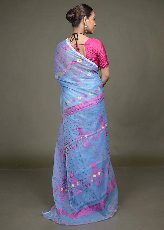 Blue Jamdani Cotton Saree Without Blouse Piece