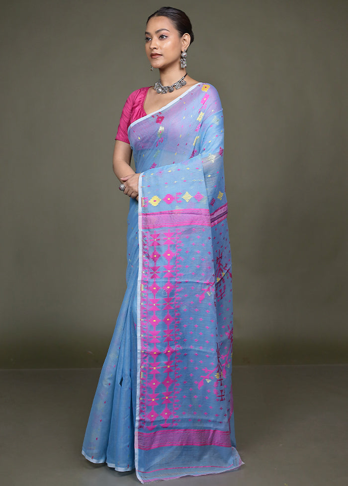 Blue Jamdani Cotton Saree Without Blouse Piece