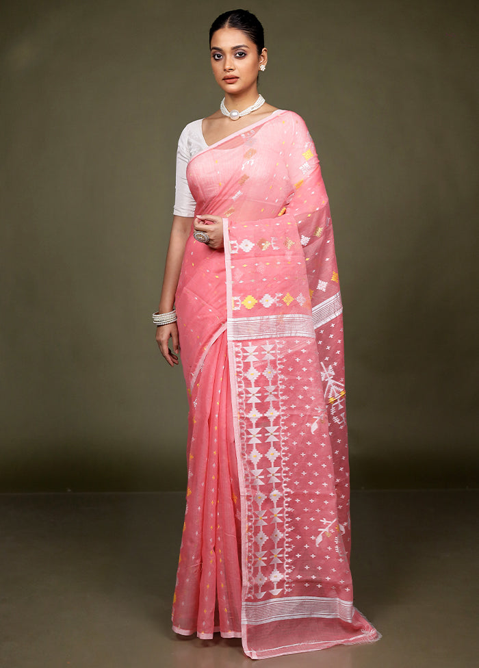 Pink Jamdani Cotton Saree Without Blouse Piece