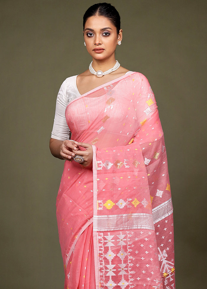 Pink Jamdani Cotton Saree Without Blouse Piece