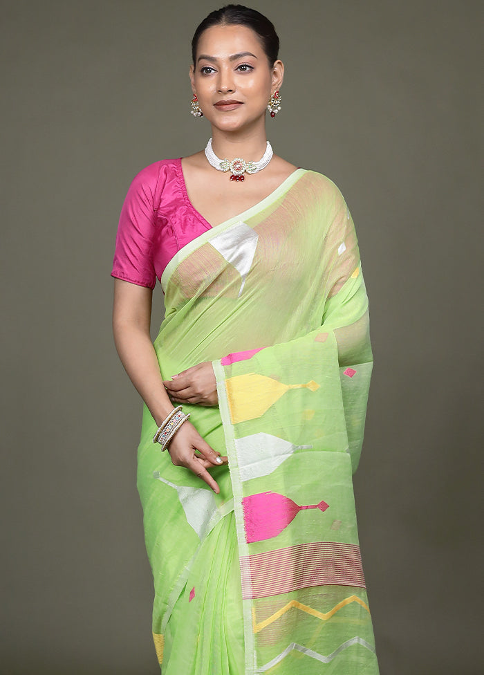 Green Tant Jamdani Saree Without Blouse Piece