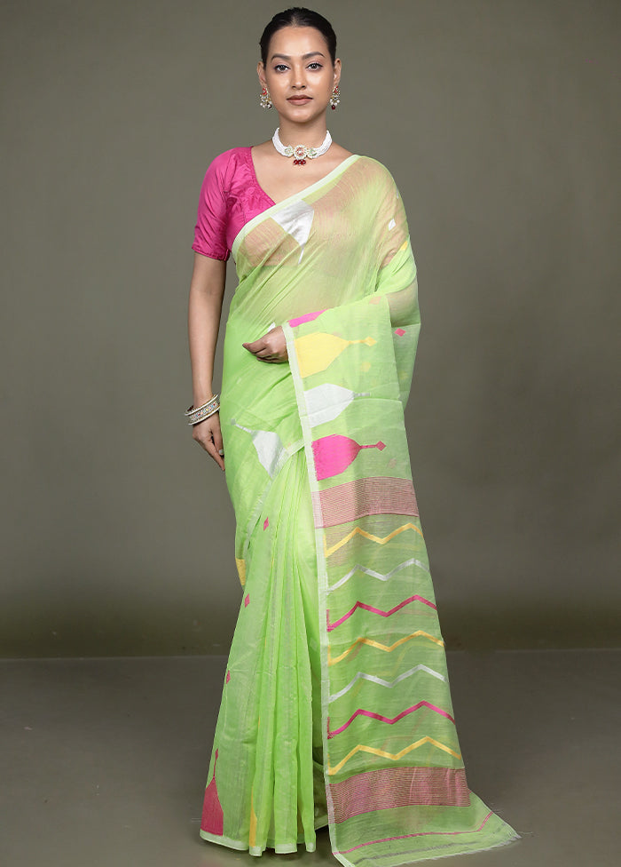 Green Tant Jamdani Saree Without Blouse Piece
