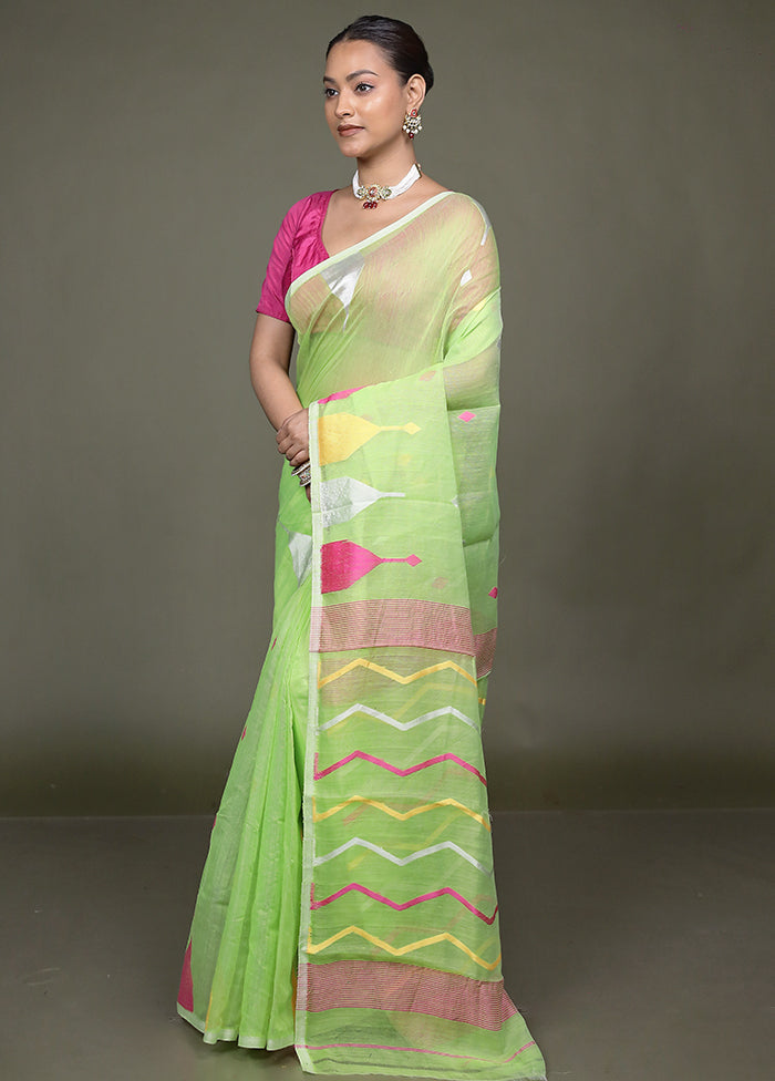 Green Tant Jamdani Saree Without Blouse Piece