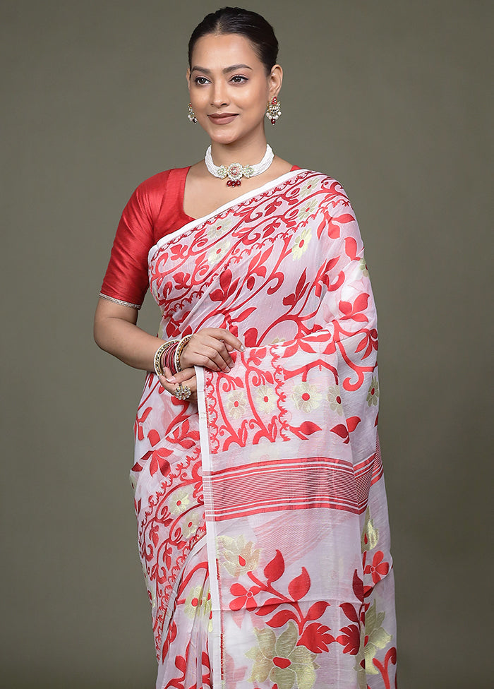 White Tant Jamdani Saree Without Blouse Piece