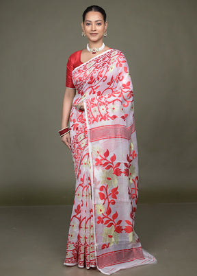White Tant Jamdani Saree Without Blouse Piece