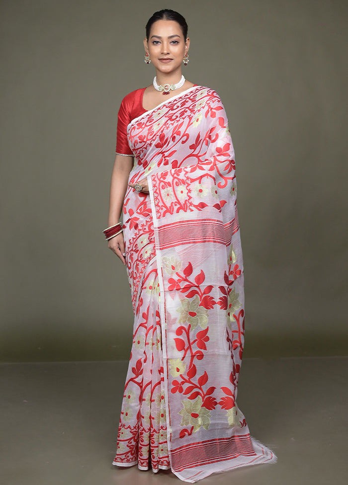 White Tant Jamdani Saree Without Blouse Piece