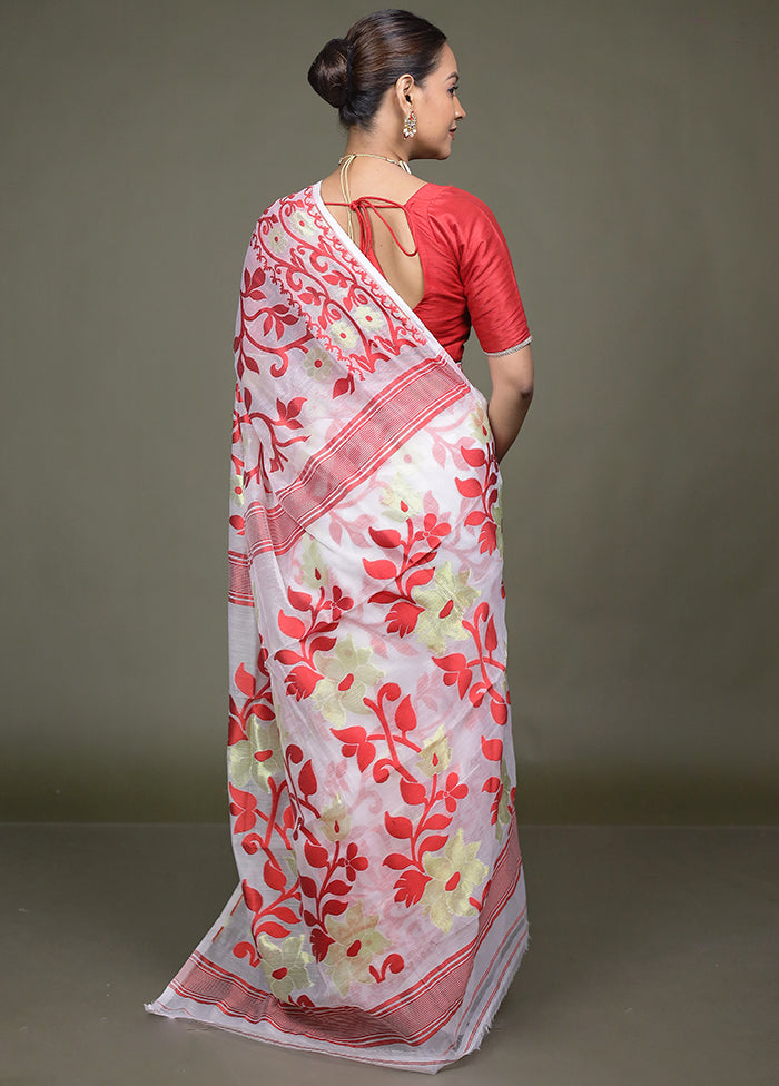 White Tant Jamdani Saree Without Blouse Piece