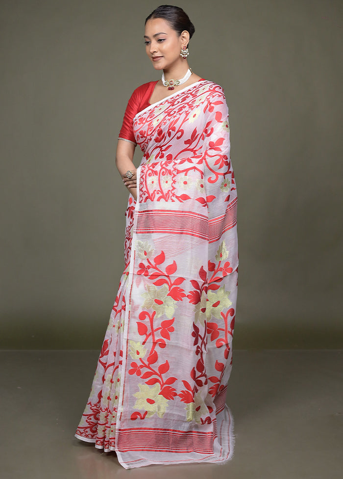 White Tant Jamdani Saree Without Blouse Piece