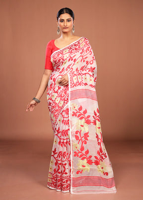 White Jamdani Cotton Saree Without Blouse Piece