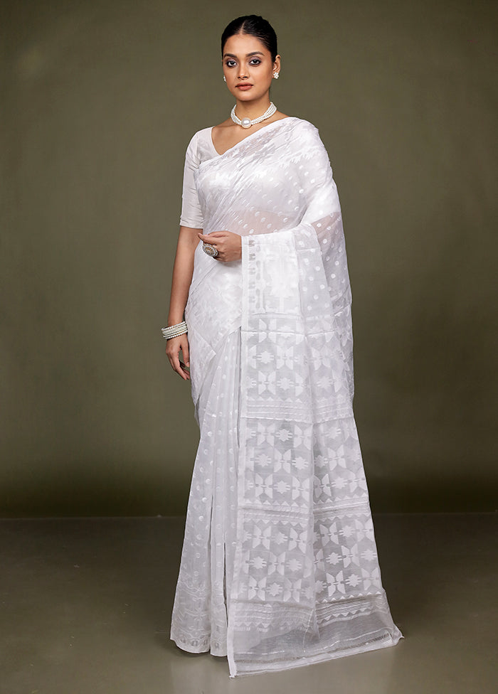 White Jamdani Cotton Saree Without Blouse Piece