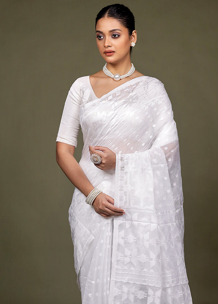 White Jamdani Cotton Saree Without Blouse Piece