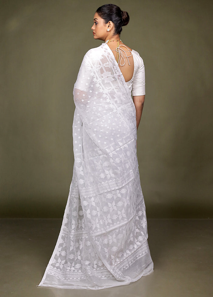 White Jamdani Cotton Saree Without Blouse Piece