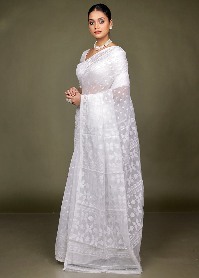White Jamdani Cotton Saree Without Blouse Piece