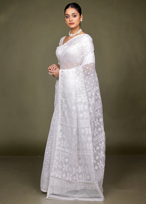 White Jamdani Cotton Saree Without Blouse Piece