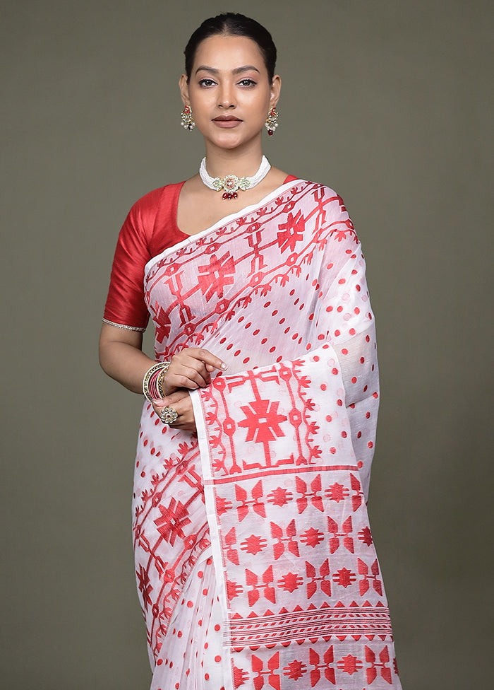 White Tant Jamdani Saree Without Blouse Piece