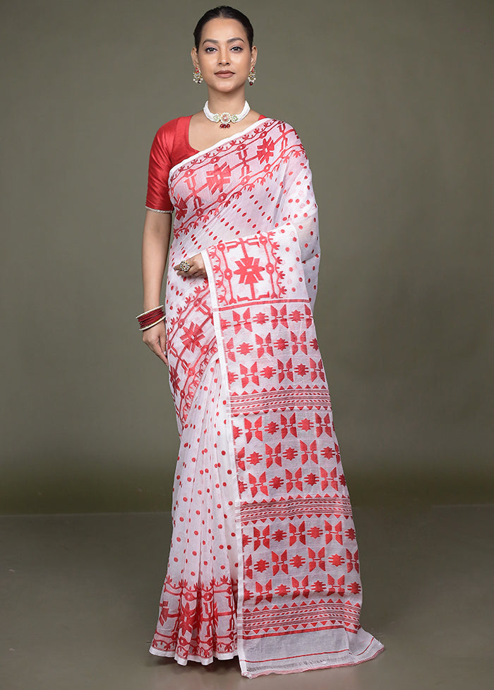 White Tant Jamdani Saree Without Blouse Piece