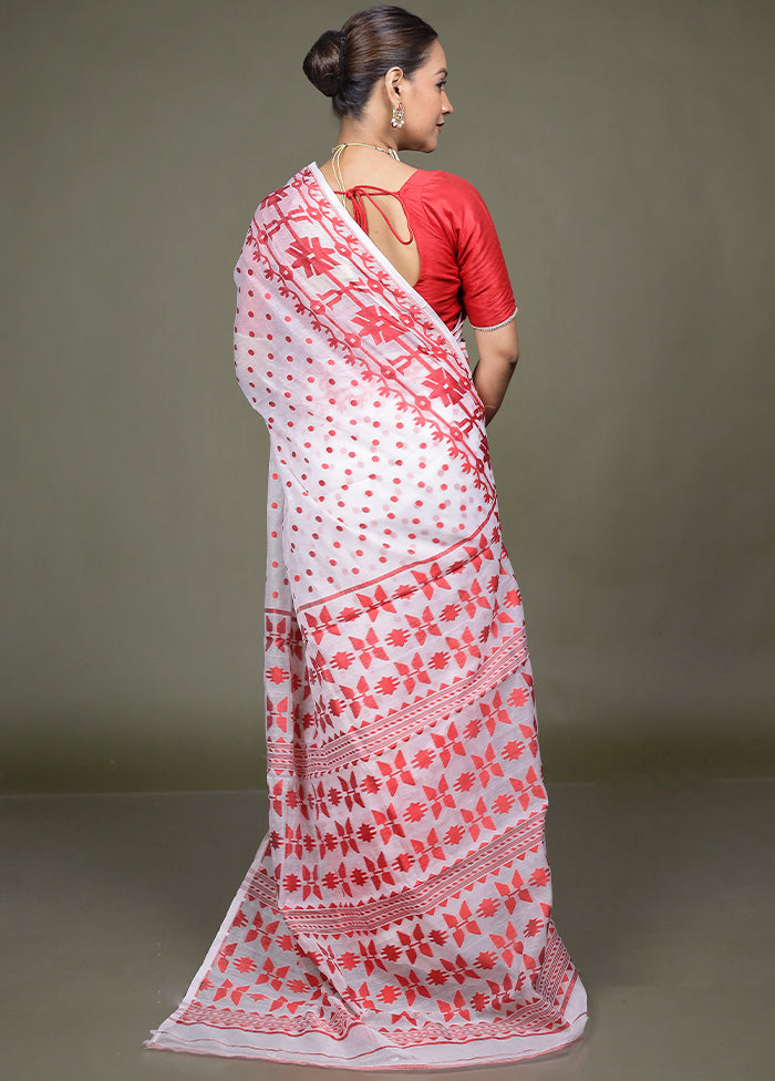 White Tant Jamdani Saree Without Blouse Piece
