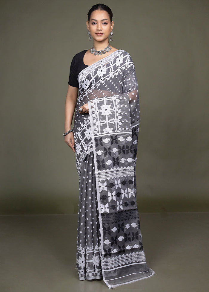 Grey Tant Jamdani Saree Without Blouse Piece