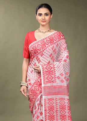 White Tant Jamdani Saree Without Blouse Piece