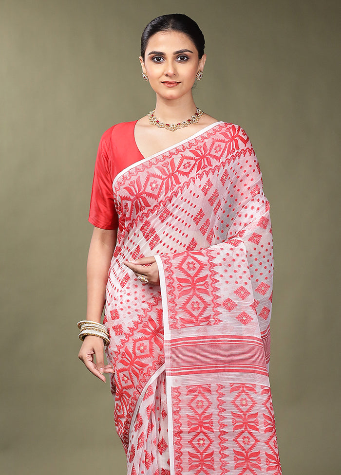 White Tant Jamdani Saree Without Blouse Piece