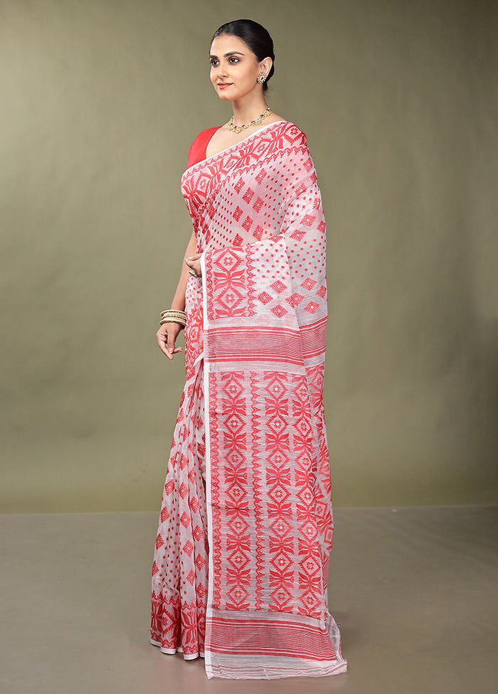 White Tant Jamdani Saree Without Blouse Piece