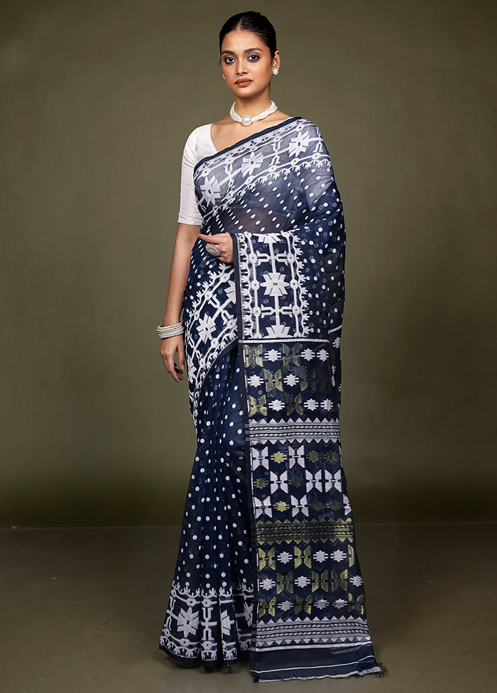 Blue Jamdani Cotton Saree Without Blouse Piece