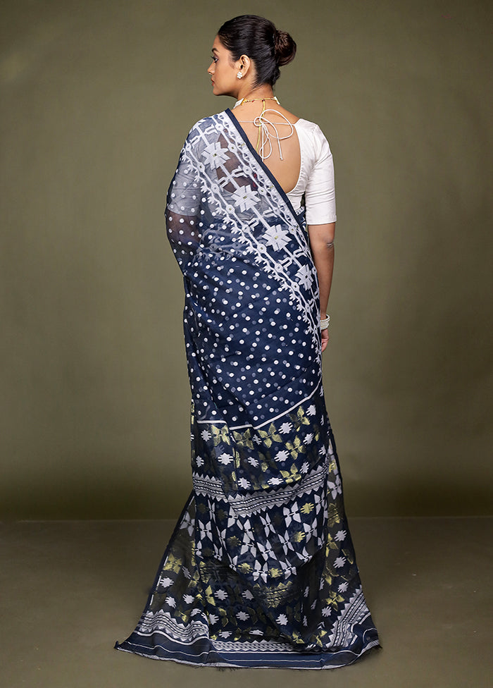 Blue Jamdani Cotton Saree Without Blouse Piece