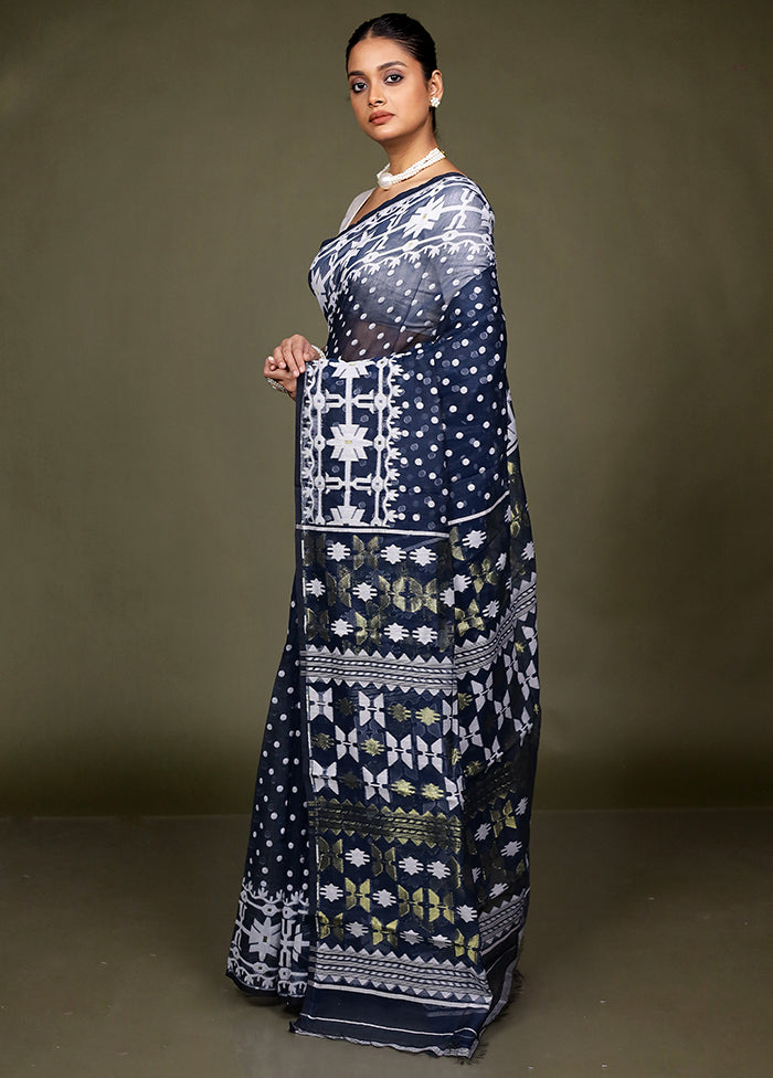 Blue Jamdani Cotton Saree Without Blouse Piece