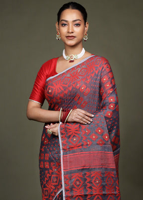 Grey Jamdani Cotton Saree Without Blouse Piece