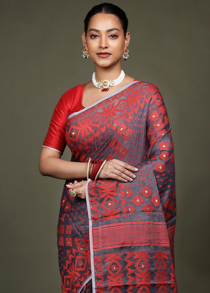 Grey Jamdani Cotton Saree Without Blouse Piece