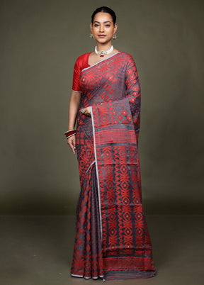 Grey Jamdani Cotton Saree Without Blouse Piece